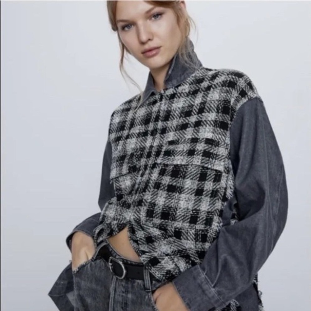 Zara Mixed Media Plaid Tweed Boucle Denim Shacket S Gray Oversized Jacket Grunge